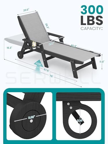 SERWALL Textilene Patio Chaise Lounge Chair Set of 2, HDPE Outdoor Lounger | with Rolling Wheels for Pool, Deck, Black