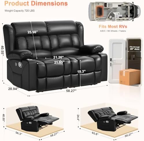 RV Loveseat Recliner Sofa, Reclining Loveseat Home Theater Seating with USB Ports, Cup Holders, Insert Pockets, Wall Hugger RV Recliners for Movie Room, Recline Movie Seats Gaming Sofa