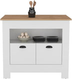 Kitchen Island Geneva, White/Macadamia with Spacious Workspace and Ample | 40.5" x 27.5" Macadamia countertop with ample storage and engineered wood frame