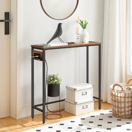 HOOBRO Narrow Console Table with Power Outlets, Small Entryway Table | Thin Sofa Table Behind Couch Table with Charging Station, for Hallway, Bedroom, Living Room,Rustic Brown and Black BF75UXG01