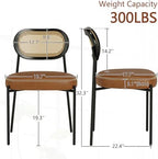 Rattan Dining Chairs Set of 4, Camel Leather Upholstered Dining Chairs with Rattan Cane Back, Mid Century Modern Dining Room Chairs with Black Metal Legs & D-Shaped Thicken Cushion, Camel