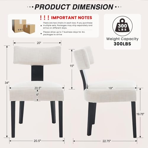 HNY Mid Century Modern Farmhouse Dining Chairs Set of 6, Linen Upholstered Accent Curved Backrest Kitchen Chairs, with Black Hardwood Frame, Beige