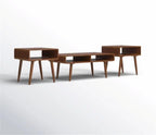 Pemberly Row Mid-Century 3-Piece Table Set, Solid Rubberwood, Rich Walnut Finish, Includes Coffee Table & 2 End Tables, Open Cubby Storage, Tapered Legs, Living Room Furniture Ensemble