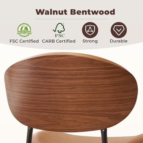 BedsPick Mid-Century Modern Dining Chairs Set of 2, PU Leather Upholstered Dining Room Chairs with Walnut Grain Back, Bentwood Kitchen Chairs with Adjustable Feetpads for Dining Room, Kitchen, Brown