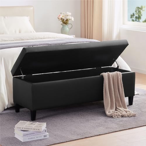 HUIMO Faux Leather Storage Ottoman Bench 50.3 Inch Extra Long PU Upholstered Bedroom Bench with Large Storage Space for the Living Room, Entryway, Bedroom Hold Up to 300lbs (Black)
