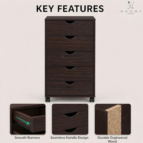 Naomi Home Under Desk Office File Cabinet with 5 Drawers, Rolling Storage Organizer with Lockable Wheels, Handle-Free Design & Spacious Top Surface, Compatible Cabinet for Home Office - Espresso