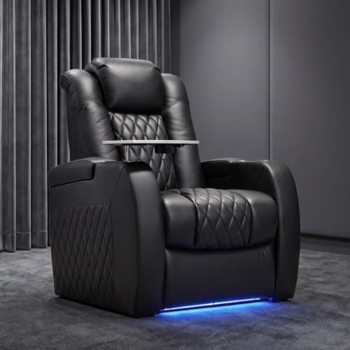 Weilianda Home Theater Seating, Top Grain Leather Movie Theater Chair | Black Row of 1, Zero Gravity, Power Headrest, Tray Table, Electric Reclining Seat for Media Room