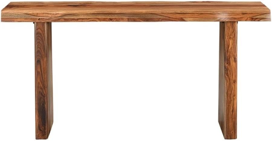 Pemberly Row Solid Wood 3-Piece Table Set, Live Edge Sheesham Hardwood, Brown Finish, Includes Coffee Table, Console Table, and Square End Table, Modern Double Pedestal Base, Rustic Living Room