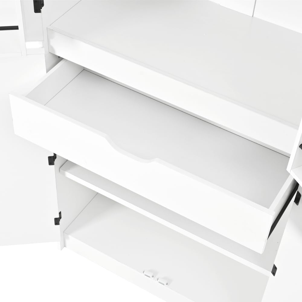 72" Tall Farmhouse Kitchen Pantry Cabinet, Curved Storage Cabinet with 3 Adjustable Shelves, 8 Door Shelves & Hidden Drawer for Kitchen Dining Bathroom (White)