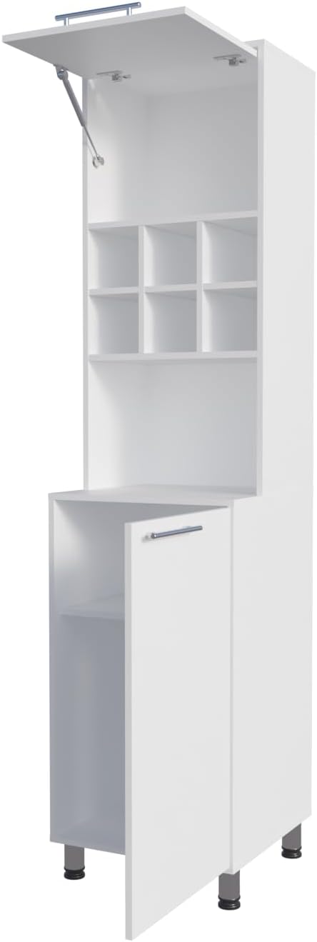 White Kitchen Pantry with Pneumatic Door and Open Storage | Pneumatic door for smooth opening and concealed storage space