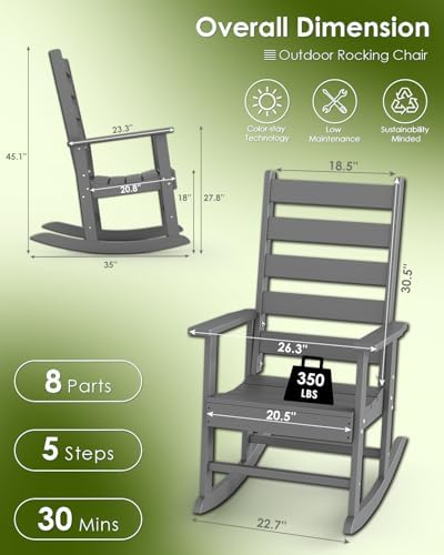 GREENVINES Outdoor Rocking Chairs Set of 2, HDPE Porch Rockers, Grey | Big & Tall | Heavy Duty Patio Rocker Chair | All Weather | Low Maintenance | 350LBS Capacity for Balcony Garden Backyard