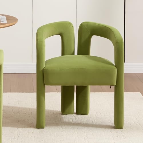 Modern Velvet Dining Chairs Set of 1, Mid Century Modern Upholstered Accent Chair with Curved Backrest and Armrests, Round Thick Cushion Kitchen Chair with Metal Legs (1pcs Velvet Green)