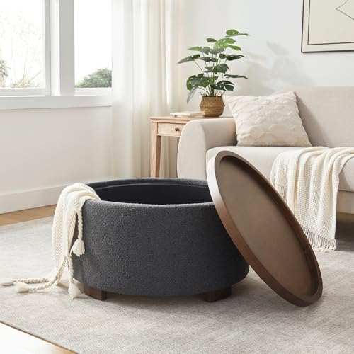 Zihanhome 30 Inch Round Storage Ottoman, Ottoman Coffee Table with Lift Off Lid, Boucle Modern Ottomans with Storage for Living Room, Bedroom, Apartments (Grey)