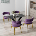 Velvet Dining Chairs Set of 2, Upholstered Dining Chair for Living Room, Modern Woven Kitchen Side Seats with Golden Legs, Great for Bedroom Kitchen Vanity - Purple
