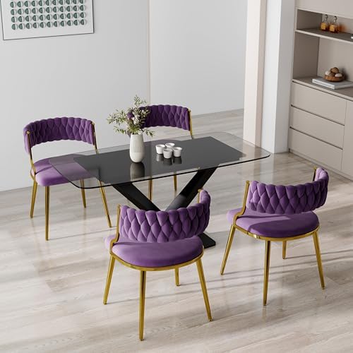 Velvet Dining Chairs Set of 2, Upholstered Dining Chair for Living Room, Modern Woven Kitchen Side Seats with Golden Legs, Great for Bedroom Kitchen Vanity - Purple