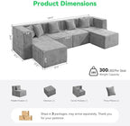 MONVANE U Shaped Sectional Couch Oversized, Chenille, Light Gray | 6-Seat Sectional Couch for Living Room, Modular Cloud Sofa with Ottoman & 6 Throw Pillows, No Assembly Required