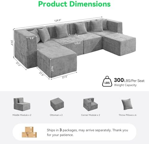 MONVANE U Shaped Sectional Couch Oversized, Chenille, Light Gray | 6-Seat Sectional Couch for Living Room, Modular Cloud Sofa with Ottoman & 6 Throw Pillows, No Assembly Required