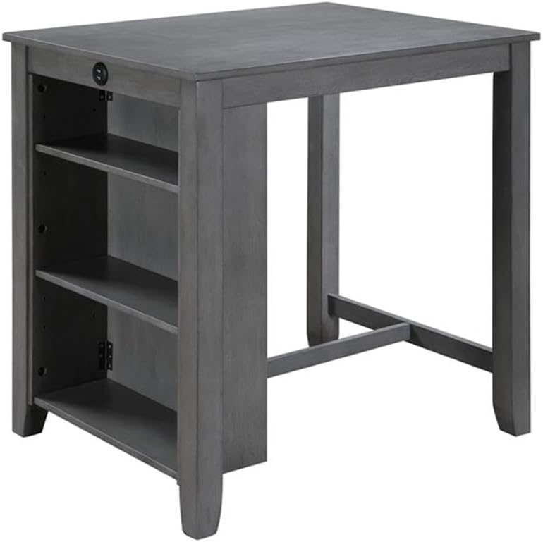 Lilola Home Graham 3-Piece Gray Finish Small Space Counter Height Dining Set with USB Charging Ports, Storage Shelves, and 2 Upholstered Chairs — Space-Saving Table & Chair Set for Apartments