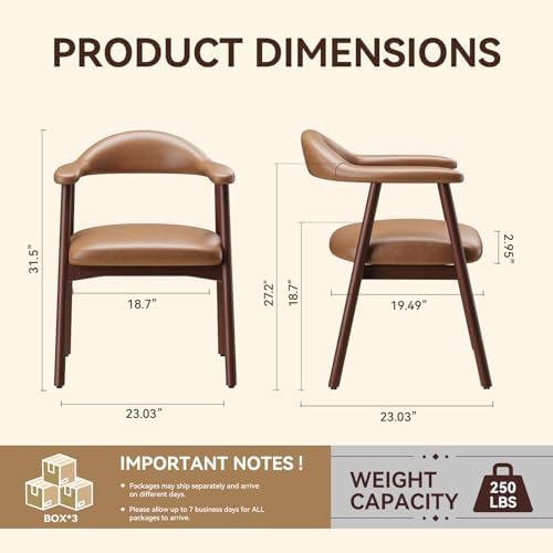 MALOL Leather Dining Chair with Armrest Set of 6, Upholstered Dining Room Chair with Curved Back and Wood Legs, Mid Century Modern Kitchen Chairs for Kitchen Dining Room