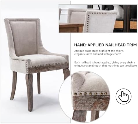 Modern Dining Chairs Set of 2, Fabric Upholstered High Back Chairs with Nailhead Trim and Curved Solid Wood Legs, Sillas de Comedor Accent Chairs for Dining Room, Beige