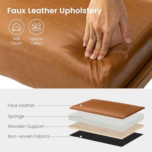 Glitzhome 15.5"(H) Footrest Stool, Leatherette Ottoman, Accent Padded Sofa Foot Stool for Accent Chair, Wood Frame Foot Rest Ottoman for Living Room, Bedroom, Yellowish-Brown