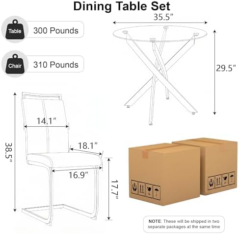 5 Piece Glass Dining Table Set for 4, Modern Tempered Glass Top Kitchen Table and Chairs Set, 4 Upholstered Chairs and Faux Leather Cushions, Space-Saving Small Apartment Dining Kitchen Set