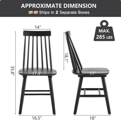 Black Dining Chairs Set of 6, Farmhouse Windsor Spindle Back | 17.5" Wide Seat, Solid Wood, Armless Design, Mid Century Modern, Kitchen & Dining Room Chairs, Easy Assembly