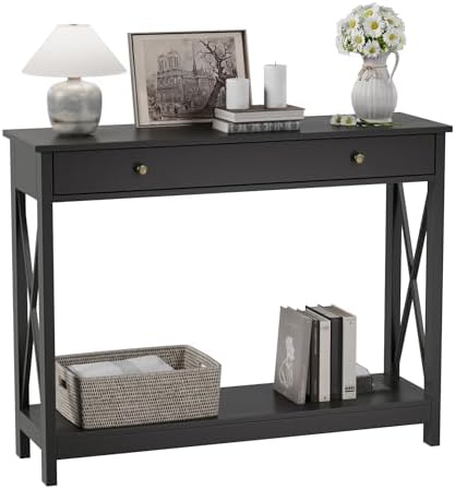 Treocho Black Console Table with Drawer and Storage Shelves, Foyer Sofa Table Narrow for Entryway, Living Room, Hallway | Entryway, Living Room, Hallway, Antique, Black