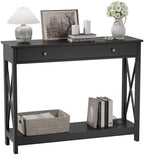 Treocho Black Console Table with Drawer and Storage Shelves, Foyer Sofa Table Narrow for Entryway, Living Room, Hallway | Entryway, Living Room, Hallway, Antique, Black