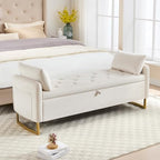 Storage Bench for Bedroom, 65 Inch End of Bed Storage Bench Beige | Velvet Storage Ottoman Bench, Tufted Upholstered and Gold Legs, Bedroom Bench with Storage, Arms, 2 Pillows, for Window