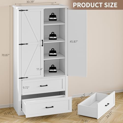 BORNOON Pantry Organizers and Storage Cabinet, 71” Barn Door White Kitchen Cabinet with Drawers and Adjustable Shelf, Tall Pantry for Kitchen, Dining Room, Living Room. Bathroom and Office