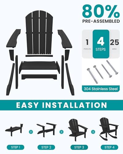 SERWALL Outdoor HDPE Adirondack Rocking Chairs, All-Weather, Black, 2PCS | The rocking chair features safe rocking design, ergnomic structure and all-weather HDPE frame for lasting outdoor use