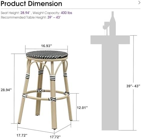 PURPLE LEAF Bar Stools 29" Round French Set of 2 Backless, Black | White Finish, Fade-Resistant Rattan Weave, Weather-Resistant Aluminum, Rustproof, Stackable Design, Wipe-Clean, No Assembly