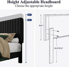 Allewie King Platform Bed Frame, Velvet Upholstered with Adjustable Vertical Channel Tufted Headboard, Mattress Foundation with Strong Wooden Slats, Box Spring Optional, Easy Assembly, Black