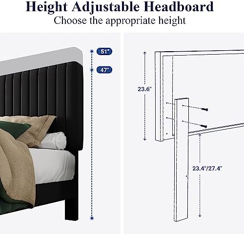 Allewie King Platform Bed Frame, Velvet Upholstered with Adjustable Vertical Channel Tufted Headboard, Mattress Foundation with Strong Wooden Slats, Box Spring Optional, Easy Assembly, Black