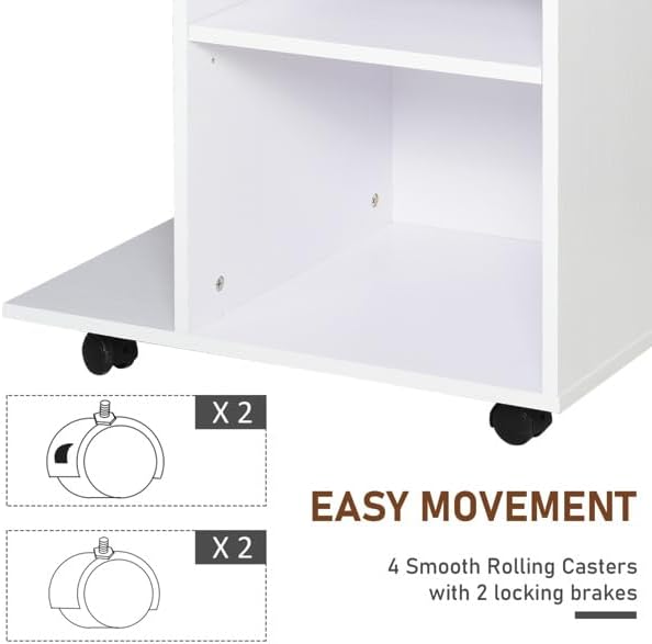 23.5" W x 15.75" D x 27" H White End Table, Side Table, Mobile Printer Table with Storage Shelf, Rolling Printer Cart with Wheels for Home Office, Stand for Heat Press Mini Fridge (White)