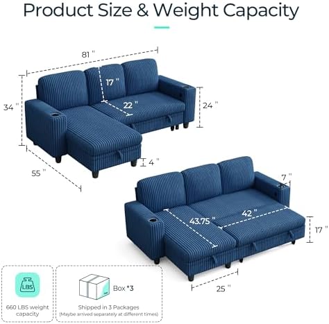 LINSY HOME Sectional Couches for Living Room, 81" L Shape 3 Seats, Blue | Sleeper sofa with pull out couch bed, corduroy couch with storage