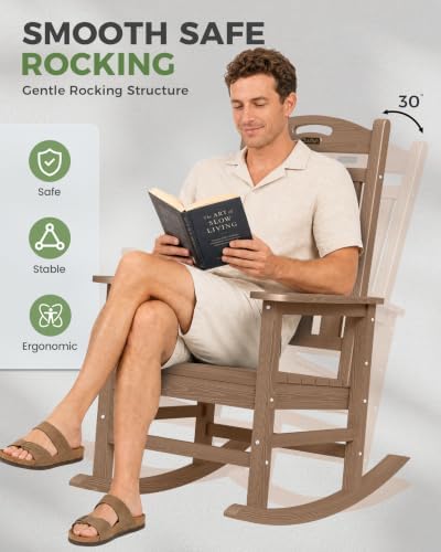 Outdoor Rocking Chair, HDPE Patio Rocking Chair, All Weather,Teak