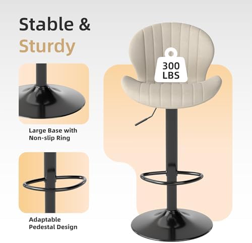 Youhauchair Velvet Fabric Counter Height Bar Stools Set of 3, Beige | Modern, Height Adjustable, Swivel, Armless, Kitchen Island Chairs with Back & Footrest, Soft, Upholstered Dining Room Chair