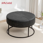 Modern Round Coffee Table, Farmhouse Ottoman for Living Room, Large Vintage Faux Leather Coffee Tables with Leather Upholstered Padded Seat [Round, Vintage Black, 30'']