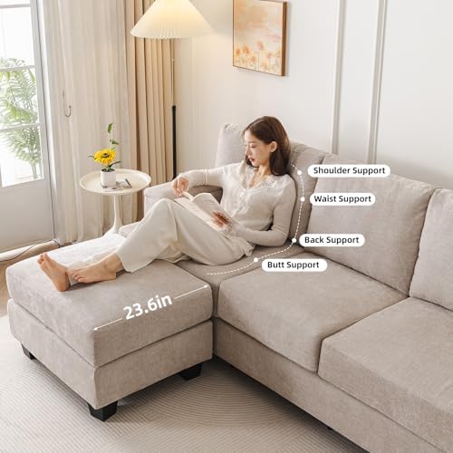 85'' L Shaped Couch with Armrest Organizer,Sectional,Movable Ottoman,Khaki | Comfy Sectional Sofa with Thick Cushion,3 Seats Sofas,Sectional Couches for Living Room,Bedroom,Apartment,Chenille