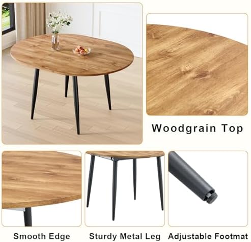 Wood Dining Table Set for 6｜ 42" Round to 54" Oval Dining Table Set for 6｜Wood Extendable Dining Room Table with Thick Cushion PU Chairs｜Stable and Sturdy｜Space Saving｜Easy Assembly