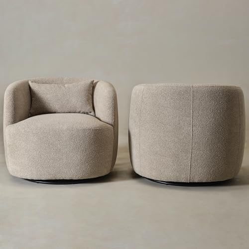 KINWELL 34" W Boucle Swivel Barrel Chairs with Pillow Set of 2, Taupe | No Assembly Round Sherpa Upholstered Armchairs Accent Chairs Single Sofa Chairs with Toss Pillow for Living Room and Bedroom
