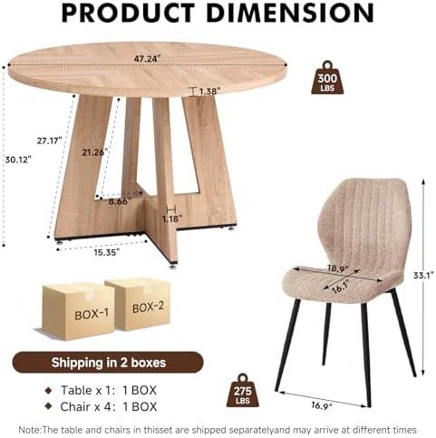 Round Dining Table Set for 4, Kitchen Table and Chairs | Wooden Cross Base, Boucle Fabric Chair, for Apartment