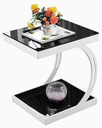 Telephone Table, Sofa Side Table,Coffee Table,Corner Table,Bedroom Bedside Table,Storage Shelf,Telephone Table,Tempered Glass Table Top(Color:Black+White)