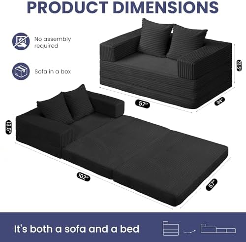 Convertible Sofa Bed, 4-in-1 Loveseat with Removable Armrests Backrest, Corduroy Futon Couch Bed with Pillow, Foldable Mattress Sleeper Sofa for Living Room Bedroom Small Place (Black)