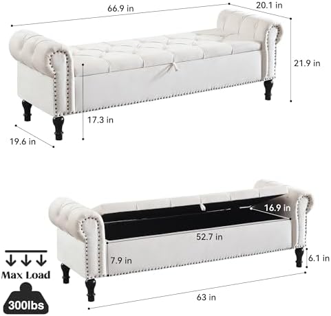 Velvet Storage Bench 67 Inch Upholstered Tufted Ottoman Bench with Arms Large Storage Space King Size End of Bed Benches for Bedroom Living Room Entryway Beige