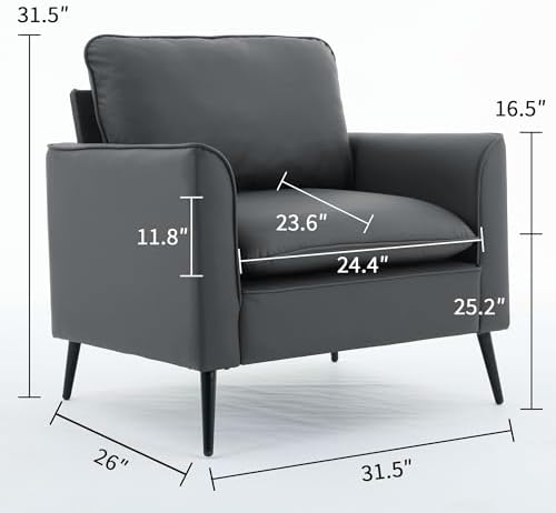 YISHENG Mid-Century Modern Living Room Accent Chairs Set of 2 - Oversized Faux Leather Armchairs with Removable Cushions & Metal Legs, Comfortable Sofas for Office/Lounge/Bedroom/Reception,Gray