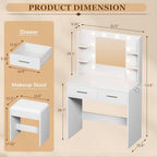 Furmax Makeup Vanity Desk with Mirror and Power Outlet, White | 3 Color Light Options Adjustable Brightness, 2 Drawers, 6 Storage Shelves, with Bench