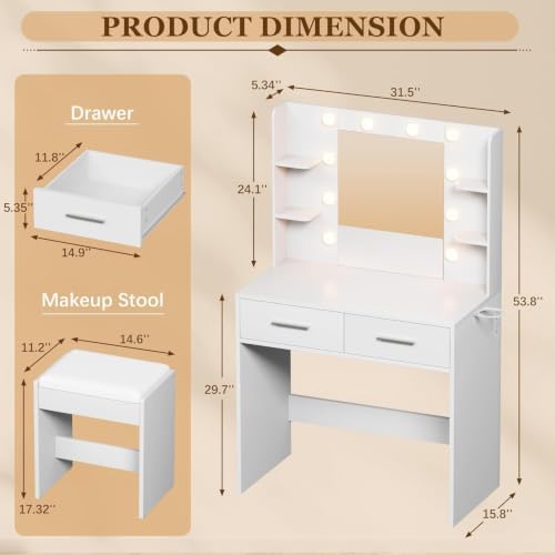 Furmax Makeup Vanity Desk with Mirror and Power Outlet, White | 3 Color Light Options Adjustable Brightness, 2 Drawers, 6 Storage Shelves, with Bench